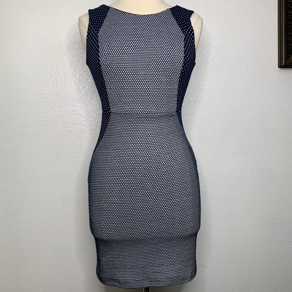 DEX The Suit Shop New York Geometric Print Navy Blue Sleeveless‎ Sheath Dress